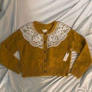 Anthropologie Mustard Yellow Lace Collar Sweater
